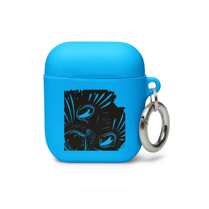 Blue AirPods case featuring a black kitty head rubber design with silver keyring