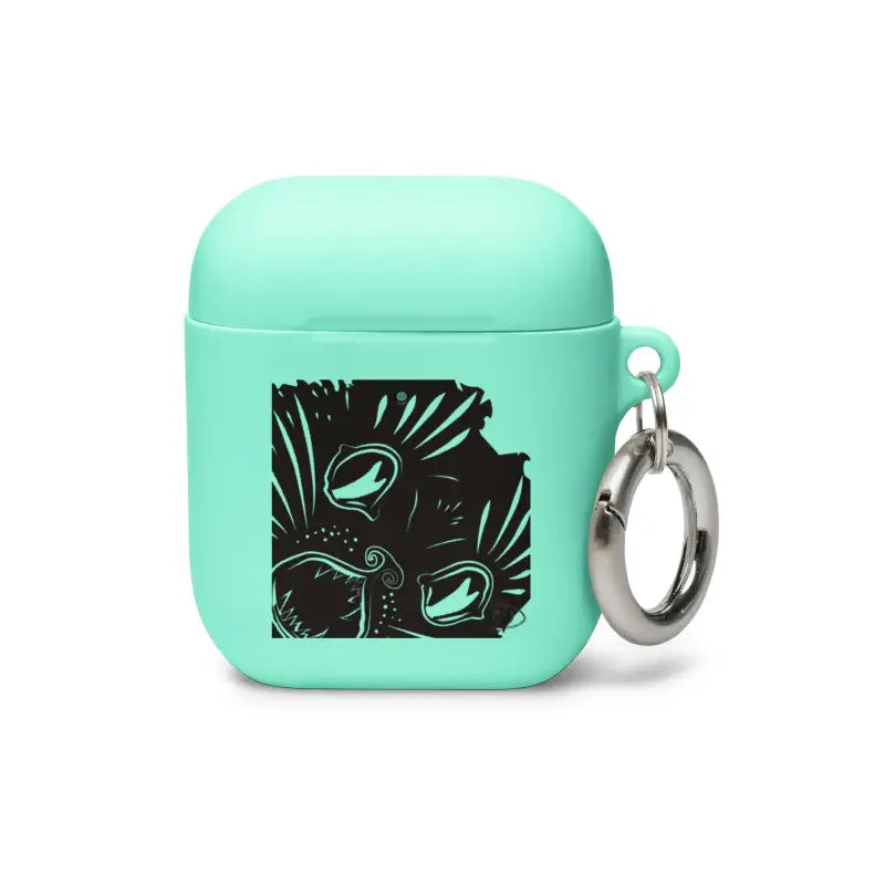 Mint green AirPods case with black design and silver keyring from Kitty Head Rubber Case