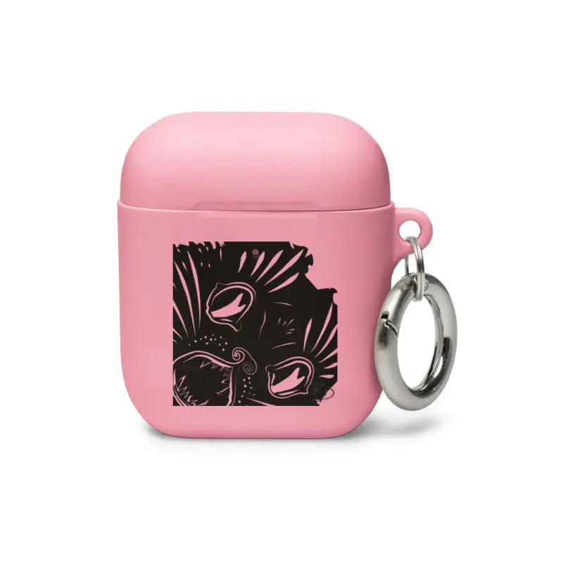 Pink AirPods case with black design and silver keyring, featuring kitty head rubber style