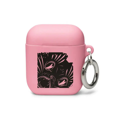 Pink AirPods case with black design and silver keyring, featuring kitty head rubber style