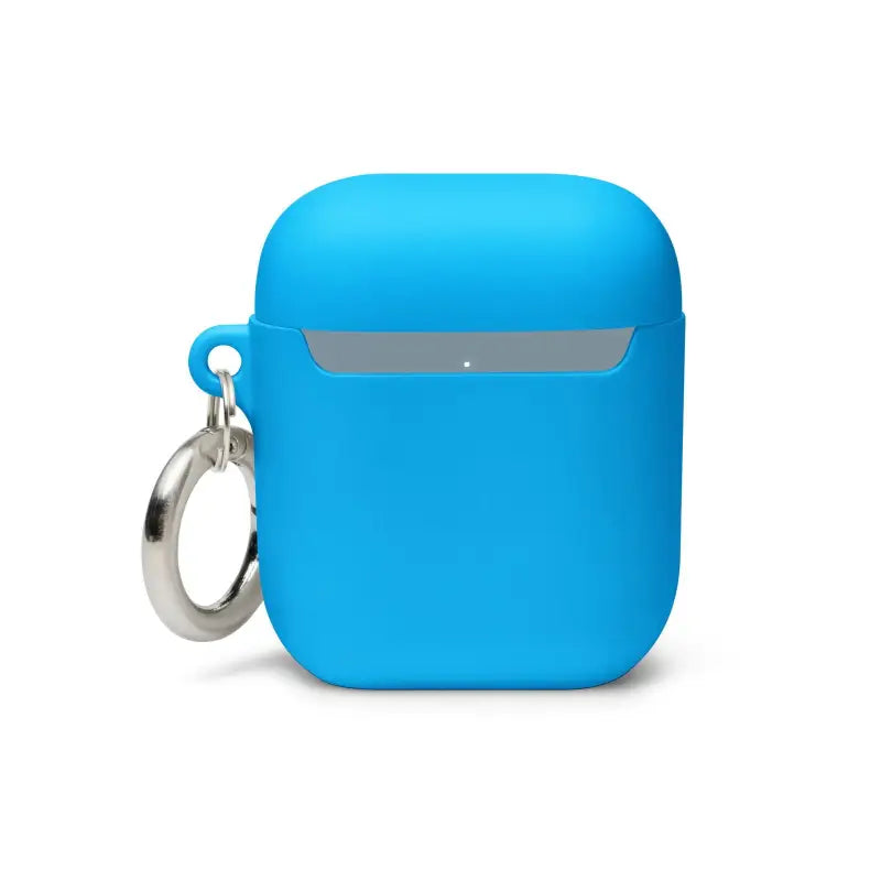 Bright blue kitty head rubber case for AirPods with a keyring attachment