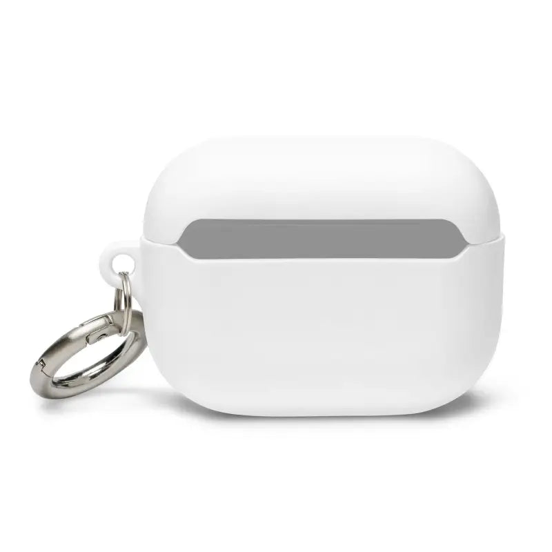 White AirPods Pro case with metal keyring attachment and kitty head rubber design in Blue