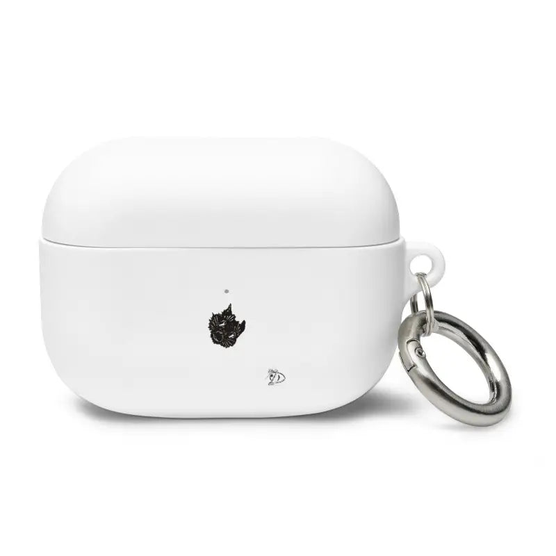 White AirPods Pro case with black logo and keyring, featuring Kitty Head Rubber design