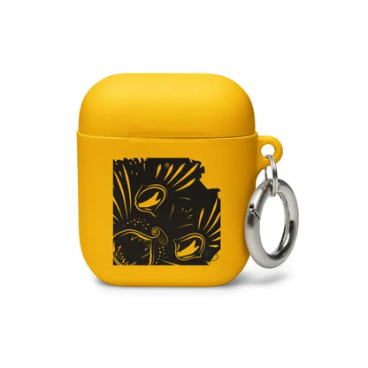 Yellow AirPods case with black design and keyring, featuring Kitty Head Rubber Case