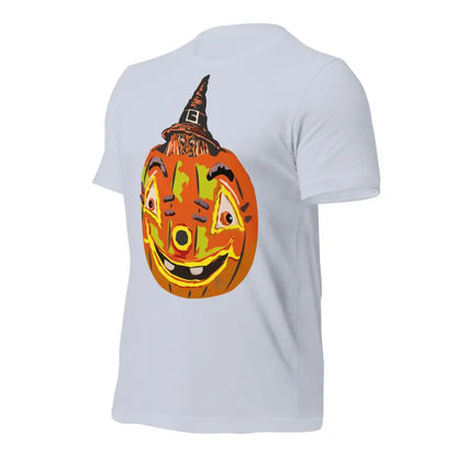 Smiling Jack-o’-lantern in a witch hat on a Pumpkin Witch Unisex T-Shirt