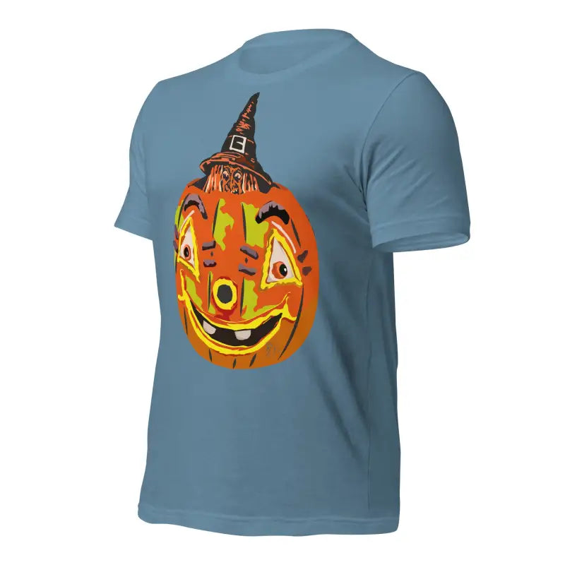 Smiling jack-o’-lantern in a witch hat on Pumpkin Witch Unisex T-Shirt embracing Halloween spirit