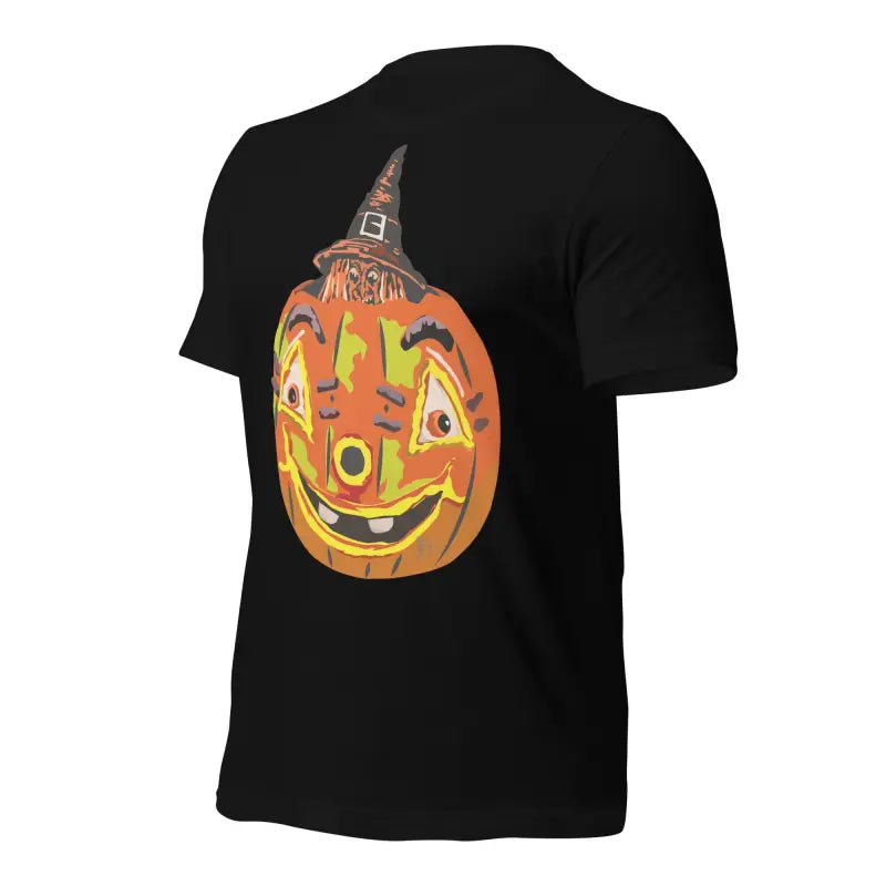 Smiling Jack-o’-lantern in a witch hat on Pumpkin Witch Unisex T-Shirt for Halloween spirit