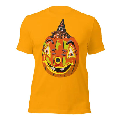 Orange Pumpkin Witch Unisex T-Shirt featuring a smiling jack-o’-lantern in a witch hat