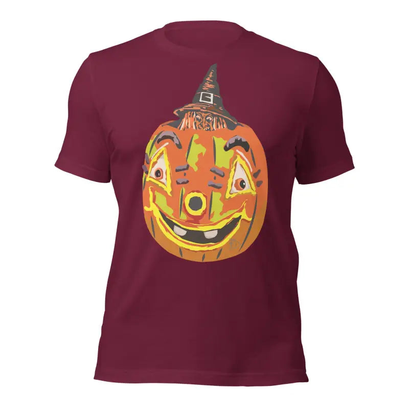 Burgundy Pumpkin Witch Unisex T-Shirt featuring a smiling jack-o’-lantern in a witch hat