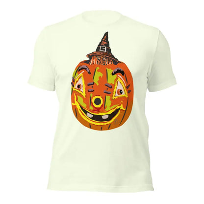 Smiling jack-o’-lantern in a witch hat on Pumpkin Witch Unisex T-Shirt celebrating Halloween spirit