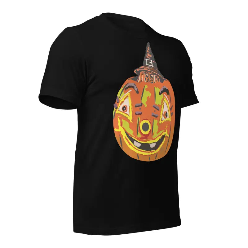 Black Pumpkin Witch Unisex T-Shirt featuring smiling orange jack-o’-lantern design