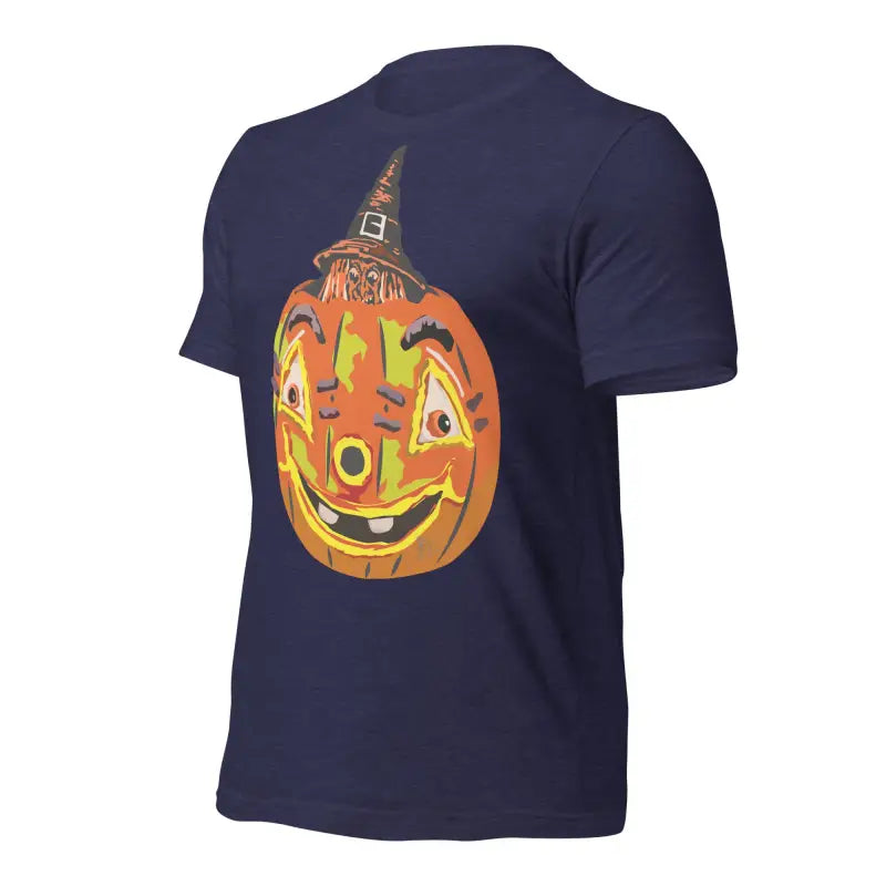 Navy blue Pumpkin Witch Unisex T-Shirt featuring a smiling jack-o’-lantern design