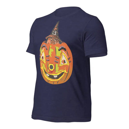 Navy blue Pumpkin Witch Unisex T-Shirt featuring a smiling jack-o’-lantern design