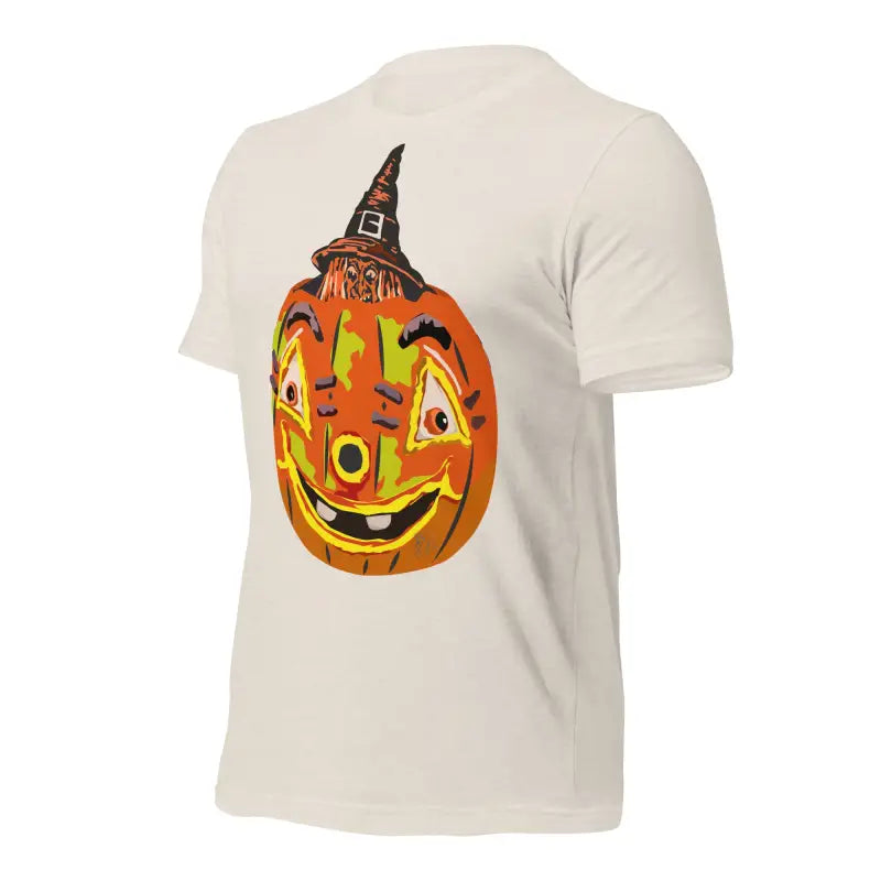 White t-shirt featuring a smiling Jack-o’-lantern in a witch hat for Halloween spirit