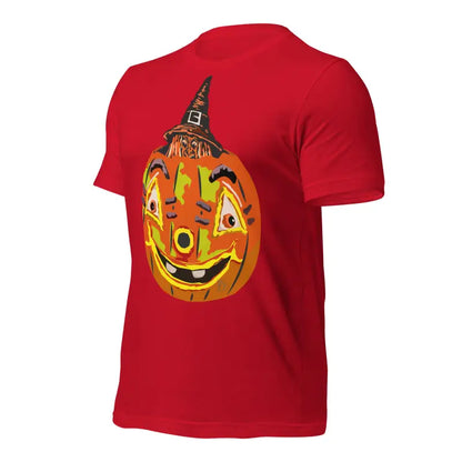 Red Pumpkin Witch Unisex T-Shirt featuring a smiling jack-o’-lantern in a witch hat