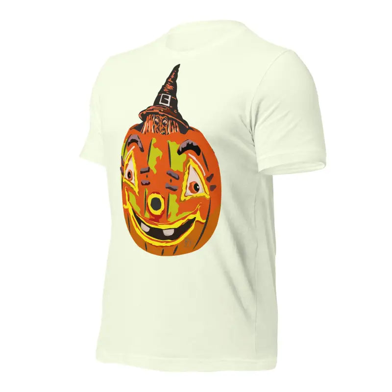 Smiling jack-o’-lantern in a witch hat on Pumpkin Witch Unisex T-Shirt for Halloween spirit