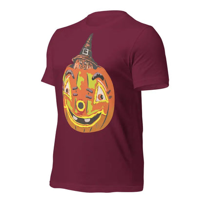 Burgundy Pumpkin Witch Unisex T-Shirt showcasing a smiling jack-o’-lantern in a witch hat