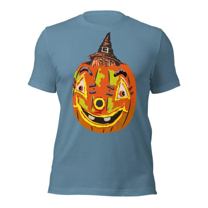 Smiling jack-o’-lantern with witch hat on slate blue Pumpkin Witch Unisex T-Shirt