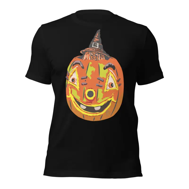 Black Pumpkin Witch Unisex T-Shirt featuring a smiling jack-o’-lantern with a witch hat