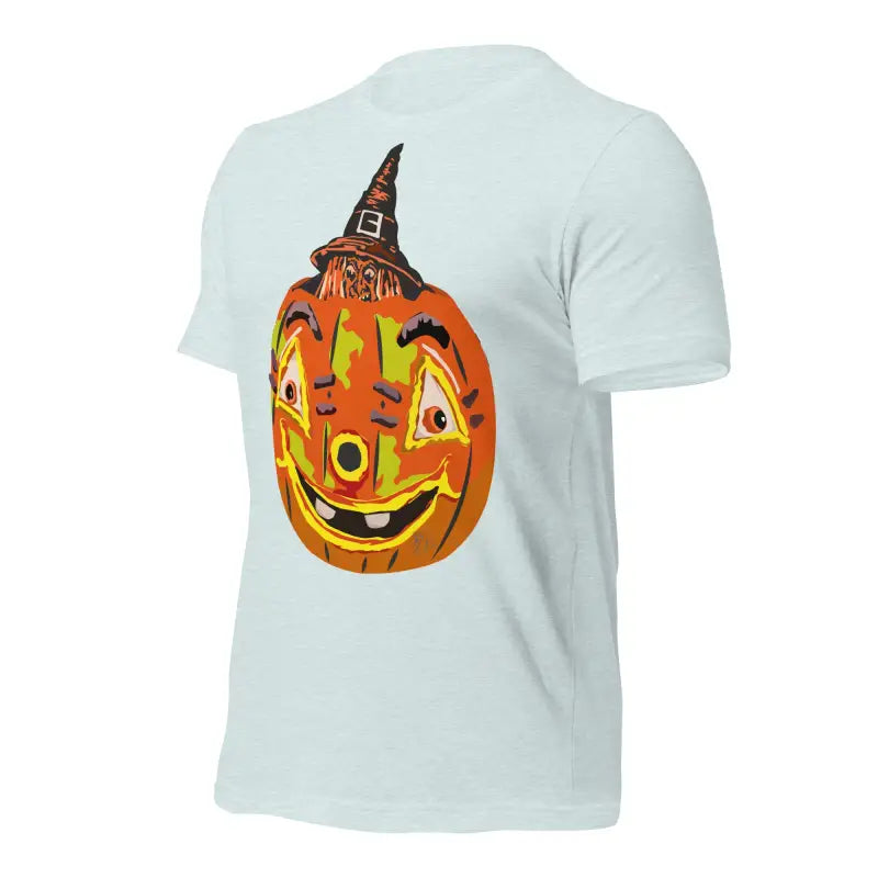 Smiling jack-o’-lantern in witch hat on Pumpkin Witch Unisex T-Shirt embodying Halloween spirit