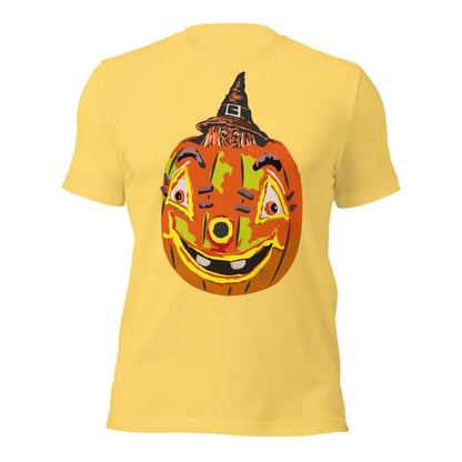 Yellow Pumpkin Witch Unisex T-Shirt with smiling jack-o’-lantern and witch hat design