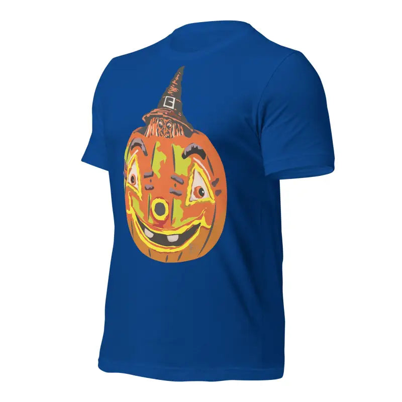 Bright orange jack-o’-lantern in witch hat on royal blue Pumpkin Witch unisex T-shirt