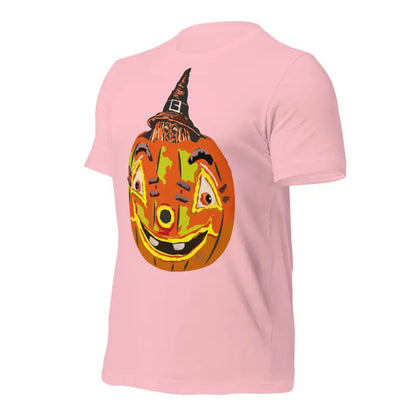 Smiling jack-o’-lantern in a witch hat on a pink shirt for Halloween spirit