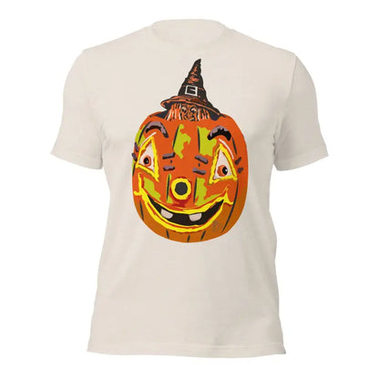 Smiling jack-o’-lantern in a witch hat on Pumpkin Witch Unisex T-Shirt embracing Halloween spirit