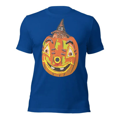 Royal blue Pumpkin Witch Unisex T-Shirt featuring a smiling orange jack-o’-lantern design