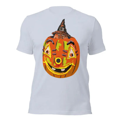 Smiling Jack-o’-lantern in a witch hat on Pumpkin Witch Unisex T-Shirt embracing Halloween spirit