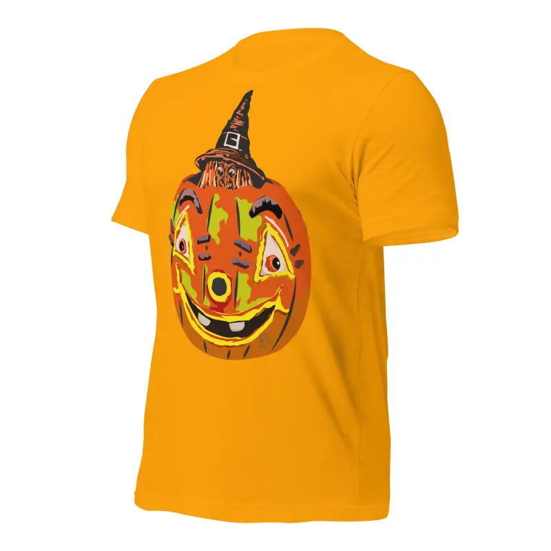 Orange Pumpkin Witch Unisex T-Shirt featuring a smiling jack-o’-lantern design