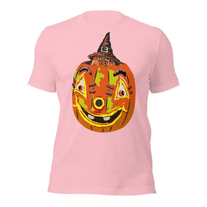 Happy jack-o’-lantern in a witch hat on a pink t-shirt embracing Halloween spirit