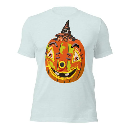 Smiling orange jack-o’-lantern in a witch hat on Pumpkin Witch Unisex T-Shirt