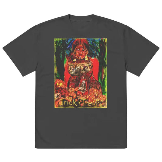 Dark gray oversized faded t-shirt featuring colorful horror artwork for Halloween vibes