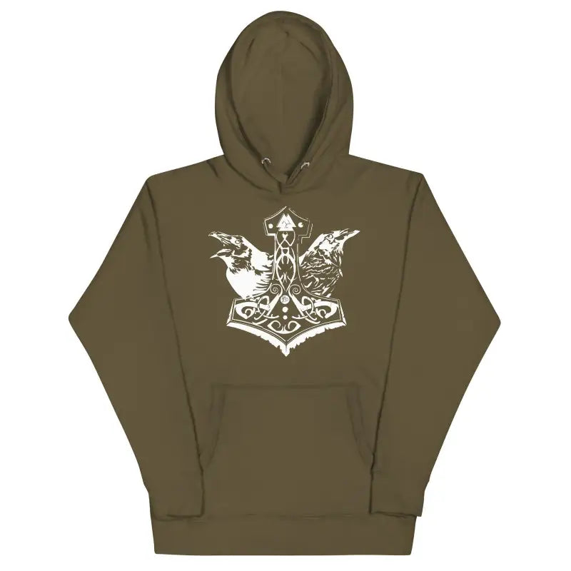 Olive green unisex hoodie featuring a white Mjölnir design inspired by Norse mythology