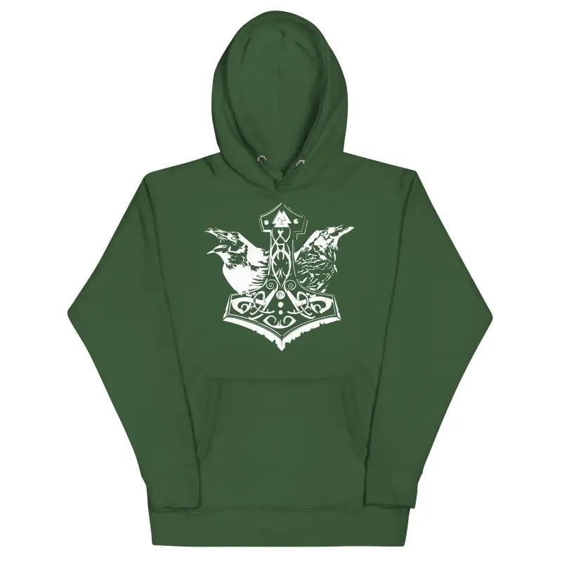 Green unisex hoodie featuring a white Mjölnir design inspired by Norse mythology