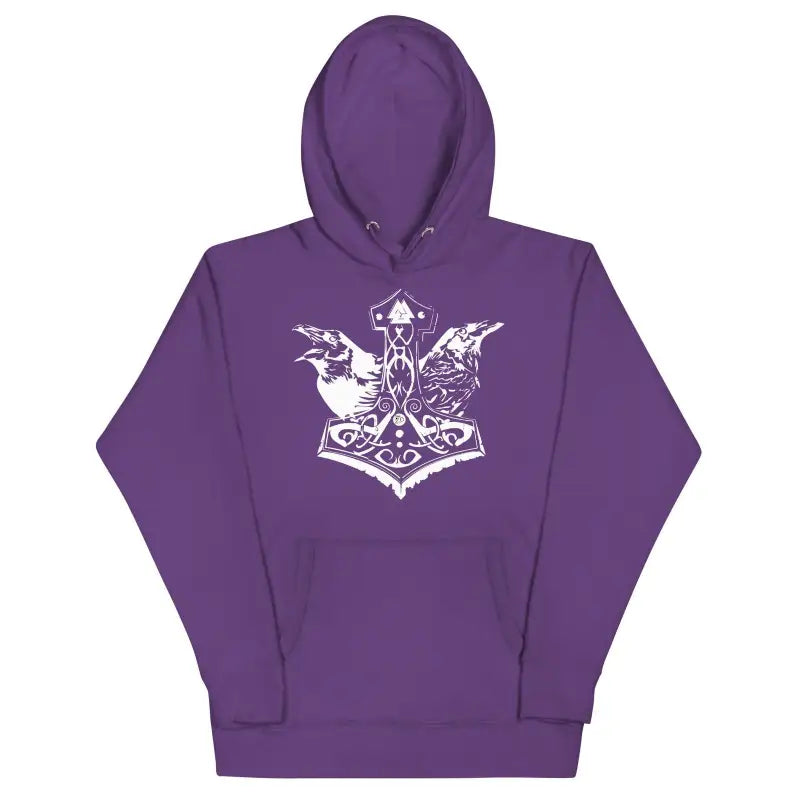 Purple unisex hoodie featuring a white Mjölnir design inspired by Norse mythology