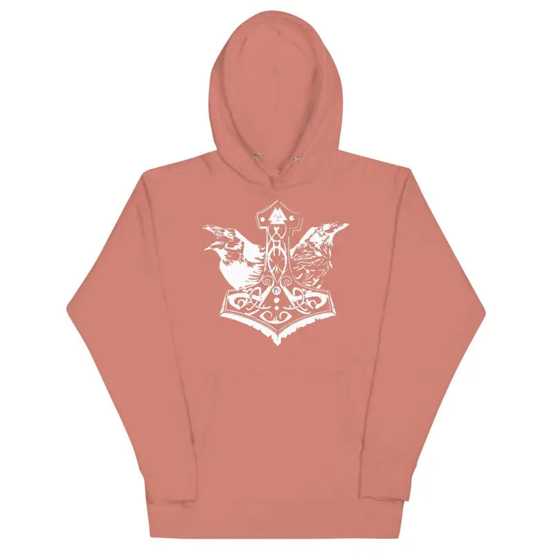 Dusty pink unisex hoodie featuring a white Mjölnir design inspired by Norse mythology