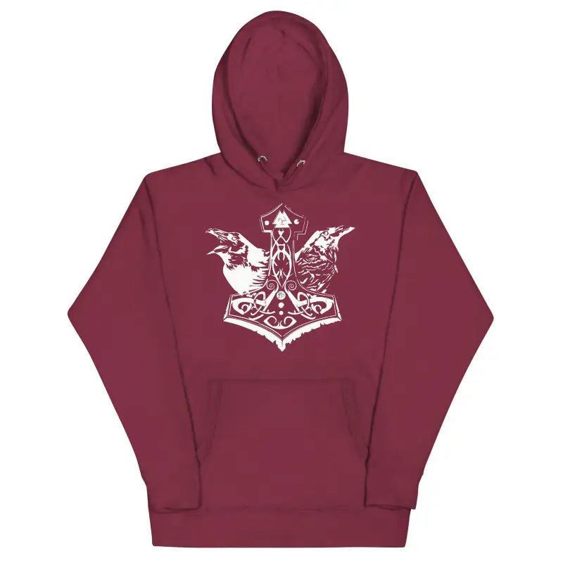 Burgundy unisex hoodie featuring a white Mjölnir design inspired by Norse mythology