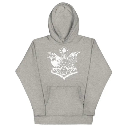 Grey unisex hoodie featuring a white Mjölnir design and dragon motif, celebrating Norse mythology