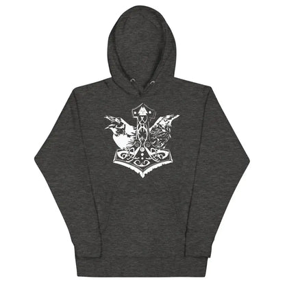 Dark gray unisex hoodie featuring a white Mjölnir design for Norse mythology enthusiasts