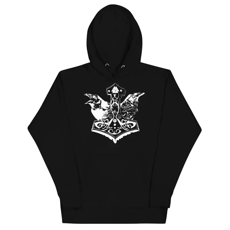 Black unisex hoodie featuring a white Mjölnir design inspired by Norse mythology