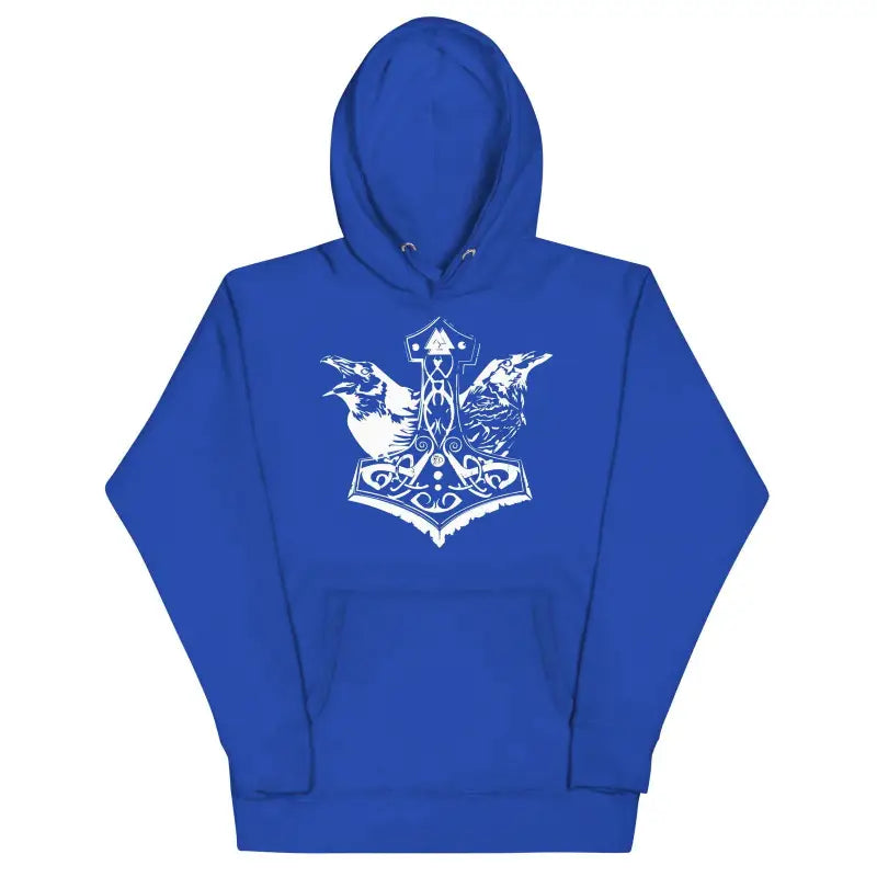 Royal blue unisex hoodie featuring a white Mjölnir design inspired by Norse mythology