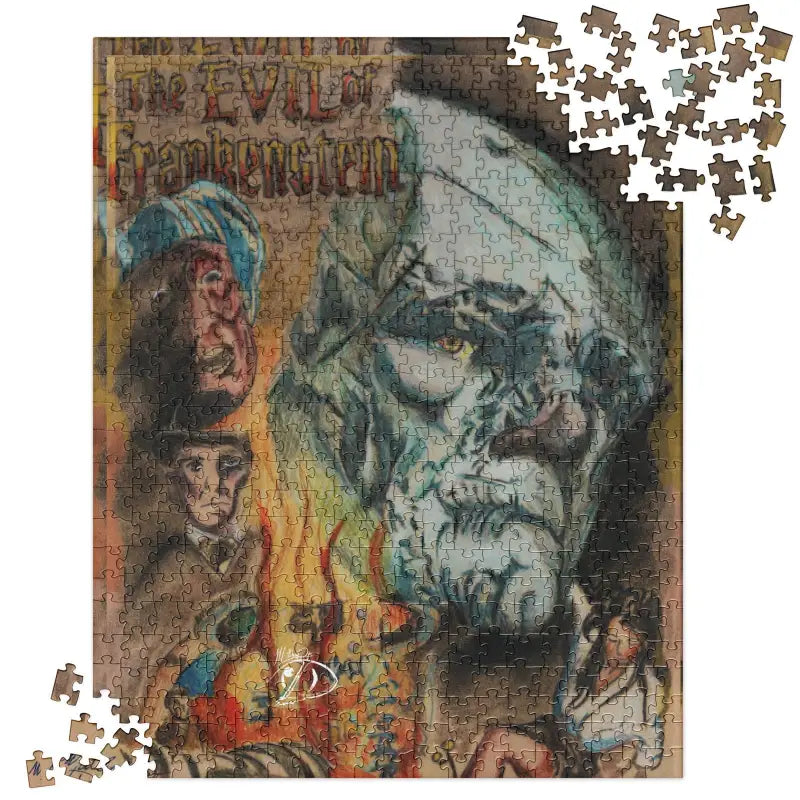 A jigsaw puzzle featuring artwork inspired by 'The Evil of Frankenstein.' The design highlights a menacing close-up of Frankenstein's monster in vibrant, surreal tones, surrounded by dramatic scenes and characters from the story. Puzzle pieces are scattered around the edges, showcasing the intricate details of the illustration.