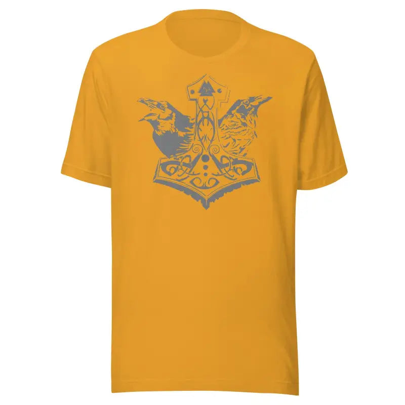 Yellow t-shirt featuring a grey Mjölnir & Ravens design for comfortable grey style