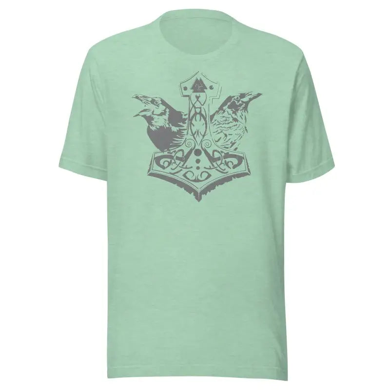 Mint green t-shirt with Norse design featuring Mjölnir & ravens for comfortable grey style