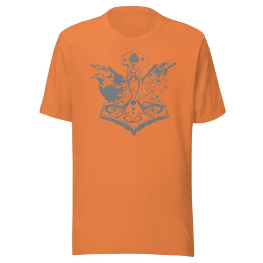 Orange T-shirt featuring a gray tribal design inspired by Mjölnir & Ravens, comfortable grey