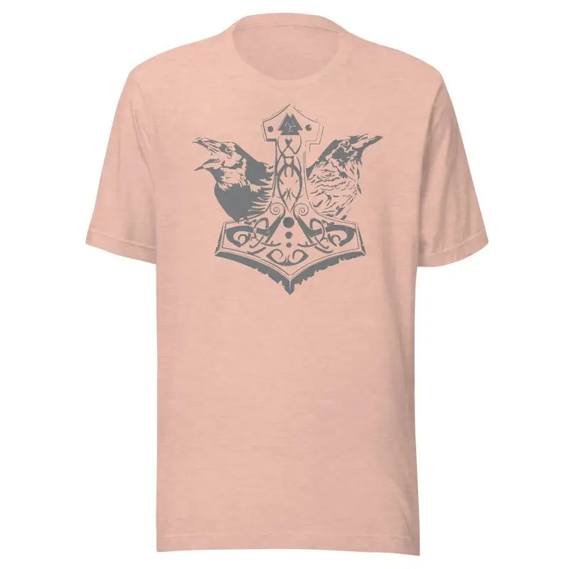 Pink T-shirt featuring dark Norse design of Mjölnir & ravens for a comfortable grey look