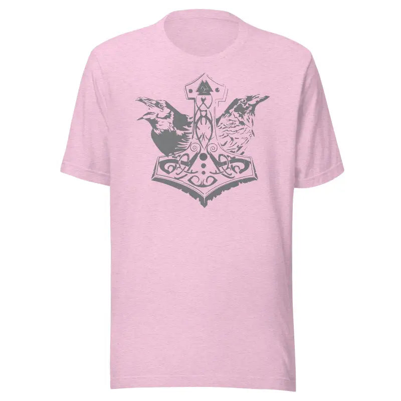 Pink t-shirt featuring a Norse Thor’s hammer and raven design in comfortable grey