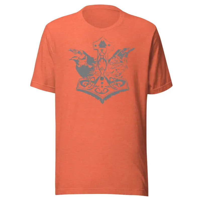 Orange T-shirt with gray tribal wings and hammer design for the Grey Mjölnir & Ravens